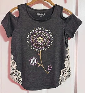 Mudd Girl's Cold Shoulder Top - Grey w Flower Design & Crochet Details - Size 12 - Picture 1 of 8
