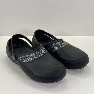 Crocs Mercy Work Women's Clogs Size 7 Black Silver Floral Comfort Slip Resistant - Picture 1 of 16