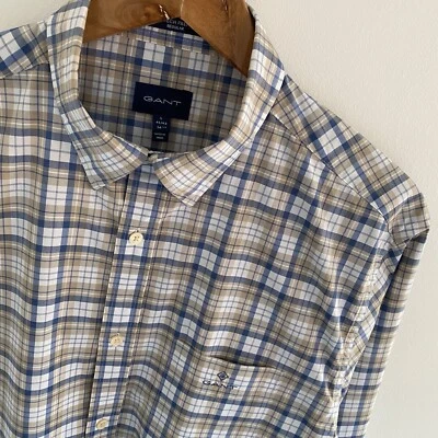 GANT Shirt L Large Mens Tech Prep Beige Check Regular Fit Cotton Long Sleeve — 第 1/4 张图片