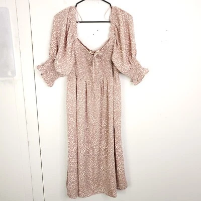 Vine Love Dress Womens Large Leopard Print Milkmaid Puff Sleeve Smocking New - Image 1 of 4