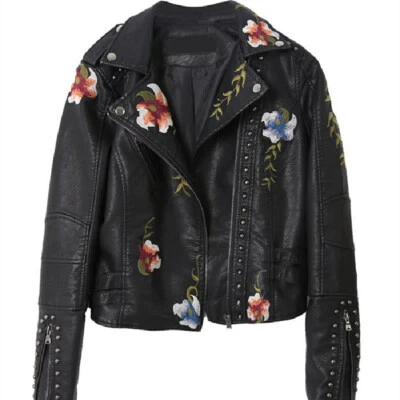 Abrigo chaqueta de cuero suave sintético bordado estampado floral cuello vuelto para mujer Foto 1 de 4