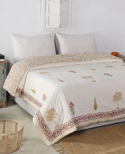 Indian Block Print Quilt Jaipuri Razai Pure Cotton Quilted Bedspread - Picture 1 of 5