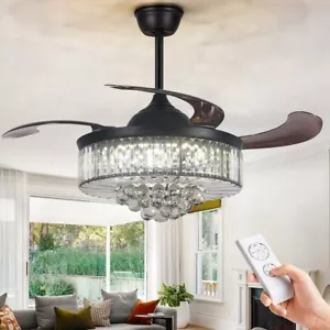 42”Black Ceiling Fan Crystal Chandelier Lighting Remote 3 Color LED Ceiling Lamp - Picture 1 of 15