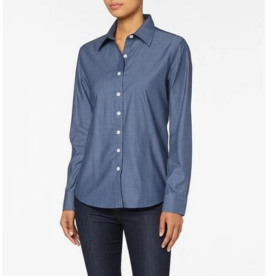 Camisa abotonada de satén de algodón sin planchar Ellen Tracy nueva sin etiquetas en azul cambray - mediana Foto 1 de 4