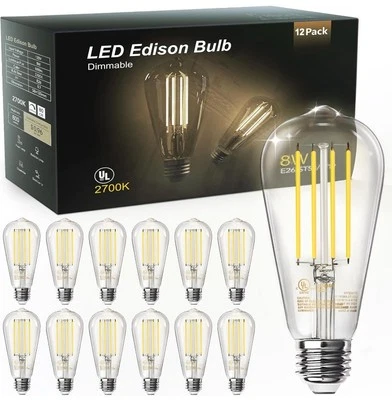 12 Pack 8W ST58 LED Edison Filament Light Bulbs Dimmable 60W Equivalent NEW - Image 1 of 4