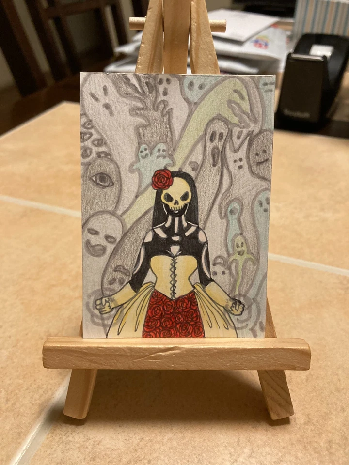ACEO Original Art Painting Miniature card Mini Halloween Skull Girl - Image 1 of 1