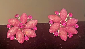 Vintage Clear & pink crystals Silver Tone Clip On Earrings 1” flower statement - Picture 1 of 4