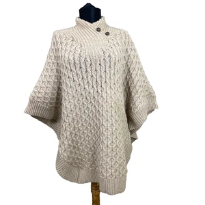 Aran Mor 100% Merino Wool Ireland Poncho Sweater Cable Knit button neck M/L - Picture 1 of 12