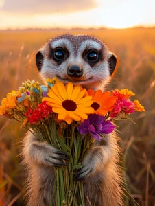 Canvas Art Meerkat Holds Bright Flowers  Sunset Hues Wall Picture Poster Print - Picture 1 of 22