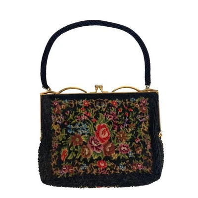 Bolso de mano vintage Petit Point floral con cuentas tono dorado broche de beso bolso de noche Foto 1 de 4