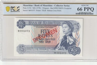 Mauritius 1978 5 Rupees Specimen Certified PCGS Banknote UNC 66 PPQ Pick CS1 - Image 1 of 2