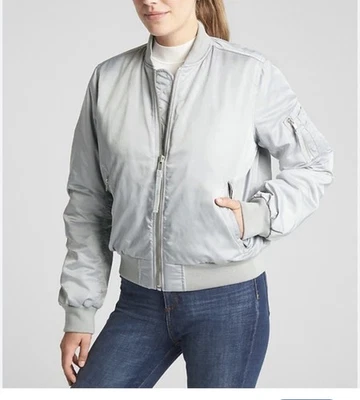 Abrigo Chaqueta Bombardero Gap Mujer Talla Grande Plateado Satinado Primaloft Cremallera Completa Foto 1 de 4