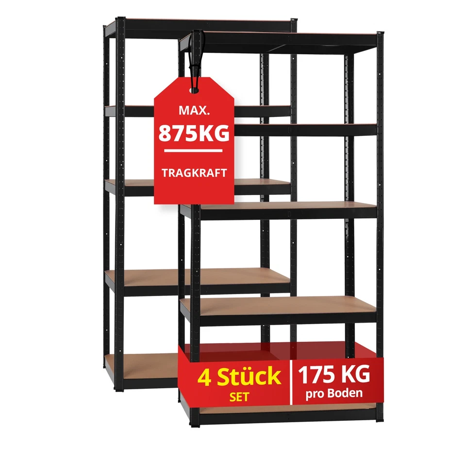 4x Scaffale Scaffalatura in Metallo Nero 5 Mensole Ripani Legno Max 875 Kg - Immagine 1 di 4