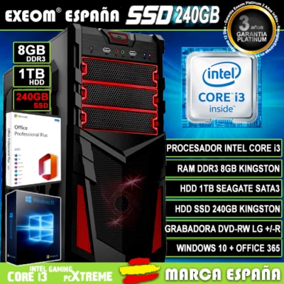 Ordenador Gaming Pc Sobremesa Intel Core i3 8GB 1TB SSD 240GB Windows 10 Office - Imagen 1 de 4
