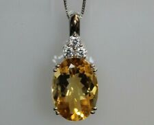 Large 5.5ct Natural Citrine & White Sapphire Necklace Solid 10K Gold- 18" Chain