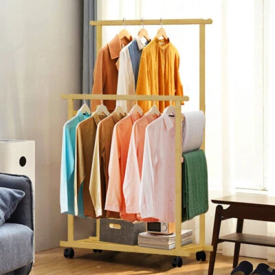 Mobiler Kleiderständer auf Rollen Holz Garderobenständer 2 x Kleiderstange Retro - Bild 1 von 4