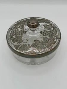 Glass Candy Dish With Silver Inlay Grapes~1.5” x 6.25” diameter (4.25” w/ lid) - Picture 1 of 4