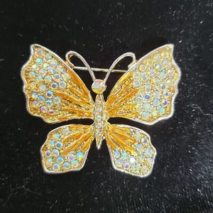 Butterfly Brooch Pin Statement Large Rhinestones Shiny Golden Champaign Color - Picture 1 of 4