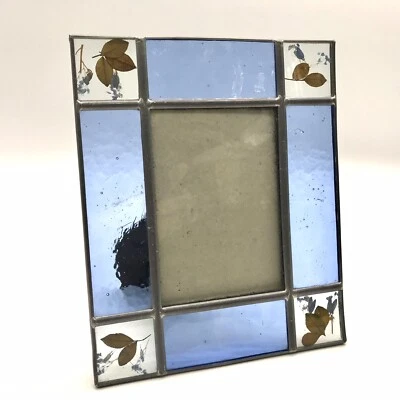 Vtg  Leaded Blue Glass Photo Frame with Dried & Pressed Flowers BoHo Cottagecore - Image 1 of 4