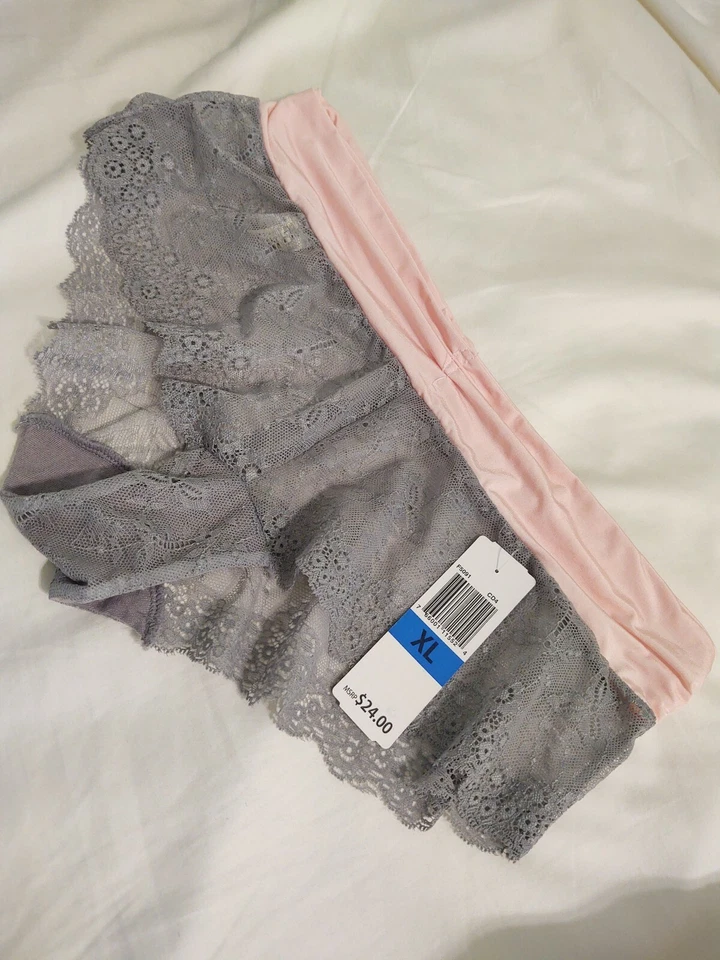 BRAGAS FELINA, BIKINI.  ENCAJE, GRIS Y ROSA. XL, NUEVO CON ETIQUETAS Foto 1 de 3