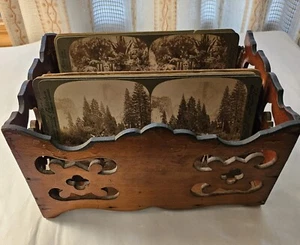 Victorian Ornate Wood Stereoview Holder, 2 Compartments,Cut-out Scroll,8"x4"x6" - Picture 1 of 6