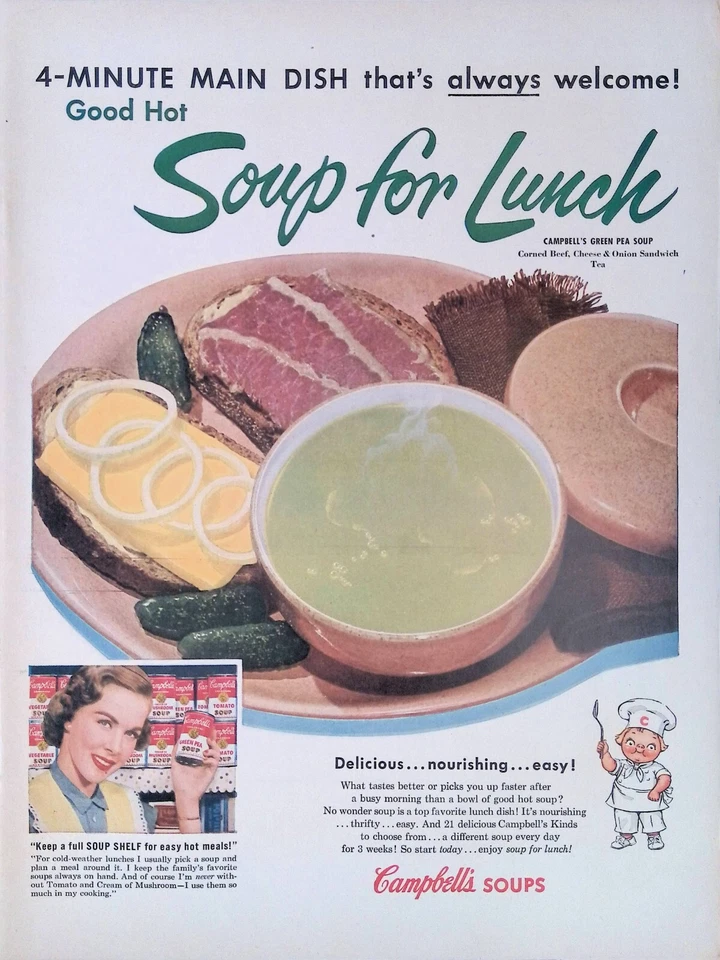 Anúncio impresso década de 1950 Campbell sopa de ervilha verde almoço sanduíche de carne em conserva chef pequeno - Imagem 1 de 1