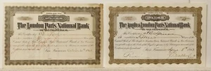 The Anglo London Paris National Bank Stock Certificate Set San Francisco 1908 - Bild 1 von 2