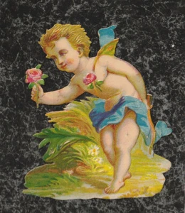 Chatarra troquelada victoriana en relieve Cupido ofrece una rosa 3 x 2,75" - Imagen 1 de 2