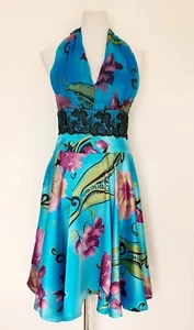 Neckholder Satin Sommerkleid Kleid elegant Hochzeit Sexy Blau Blumen Gr S 38 - Bild 1 von 5