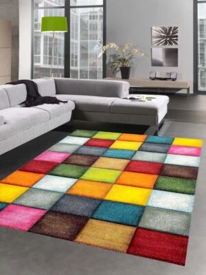 Teppich modern Teppich Wohnzimmer Karo bunt gelb rot blau grün - Bild 1 von 4