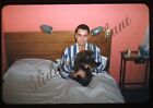 Handsome Man Pajamas Bed Dog 35mm Slide 1950s Red Border Kodachrome