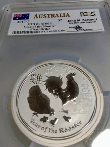 2017-P AUSTRALIA  2 OZ SILVER LUNAR YEAR OF THE ROOSTER - PCGS MS69 FIRST STRIKE - Picture 1 of 8
