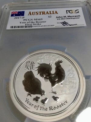 2017-P AUSTRALIA  2 OZ SILVER LUNAR YEAR OF THE ROOSTER - PCGS MS69 FIRST STRIKE - Image 1 of 4