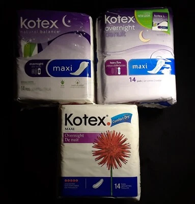 Винтажный 2004 - 2010 Kotex ночь макси подушечка запечатанный упаковка - 3 упаковки лот - большой подушечки - Изображение 1 из 4