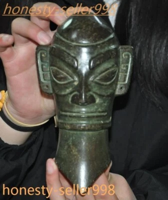 Antigua estatua de máscara de cabeza humana Sanxingdui sacrificio tallado jade chino antiguo de 7"" Foto 1 de 4