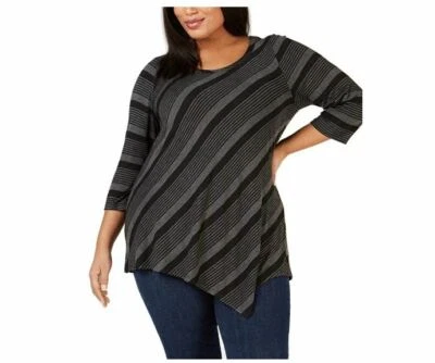 NY Collection Women Plus Size 1X Grey 3/4 SLV Asymmetrical Stripe Tunic Top NEW - Image 1 of 4