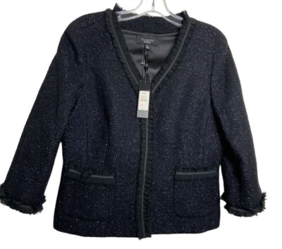 NUEVO CON ETIQUETAS $229 Chaqueta Blazer Talbots Para Mujer Lana Negra Metálica Hilo Plateado 10 Foto 1 de 4