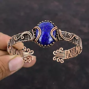 Gift For Her Natural Lapis Lazuli Bangle Wire Wrapped Adjustable Unknown Copper - Picture 1 of 6