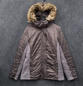 Jeanswest Womens Size 12 Full Zip Snap Quilted Jacket Brown Hooded Faux Fur Trim - Picture 1 of 21