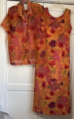 VINTAGE Miss Dorby Orange Floral Chiffon Sleeveless Dress & Shirt Coverup Sz 14 - Image 1 of 4