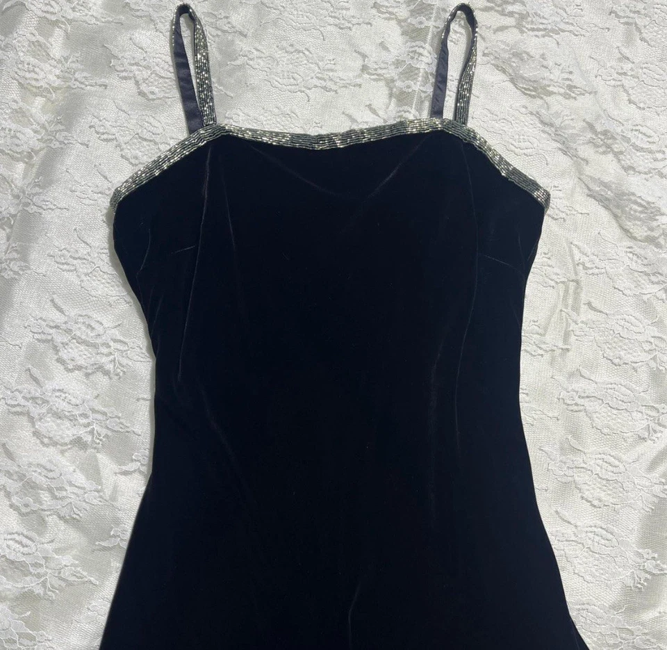 Lauren Ralph Lauren Black Velvet Beaded Cocktail Dress Midi 6 Holiday Party - Image 1 of 4