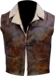 Clint Handmade Real Fur Eastwood Man with no Name Brown Distressed Leather vest - Picture 1 of 9