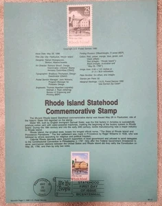 Souvenir Page FDC Stamps from USPS; Scott 2348; 25¢; Rhode Island Statehood - Picture 1 of 1