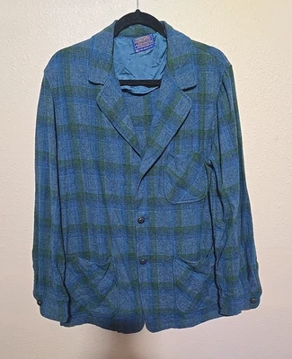 Vtg 1960 Pendleton Blue Plaid Wool Long Sleeve Blazer Shacket Shirt Mens Large - Image 1 of 4