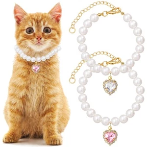 2pcs Cat Dog Pearl Collar, Small Heart Shape Rhinestone Pet Necklace, Adjusta... - Picture 1 of 6