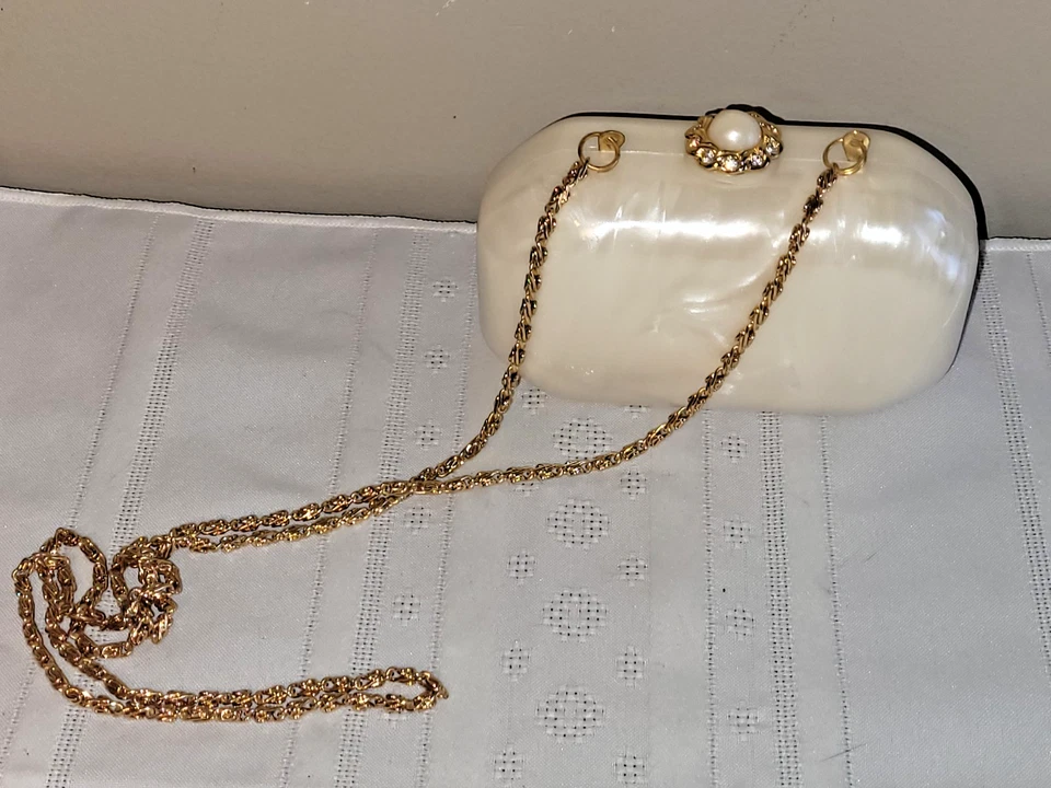 Plastic Mother of Pearl White Hard Box Handbag Clutch Gold Chain Strap Vintage - Image 1 of 4