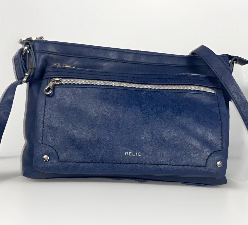 Relic Blue Crossbody Bag Supple Leather Versatile Design Silver Hardware Zip Bag - Image 1 of 4