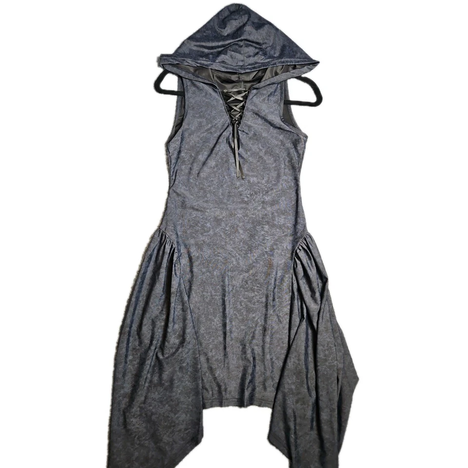 Goth Witch Cosplay Hooded Dress Lace Up Sleeveless Asymmetrical Hem Stretch S/M - Image 1 of 4