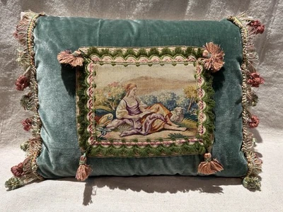 Lot Of 2 Vintage Needlepoint Tapestry Down Filled Pillows with Tassels Handmade - Image 1 of 4