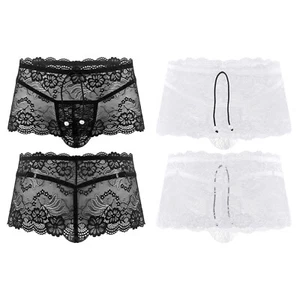 Mens Sissy Underwear Floral Lace Mini Skirt with Hollow Out Bulge Pouch G-string - Picture 1 of 24